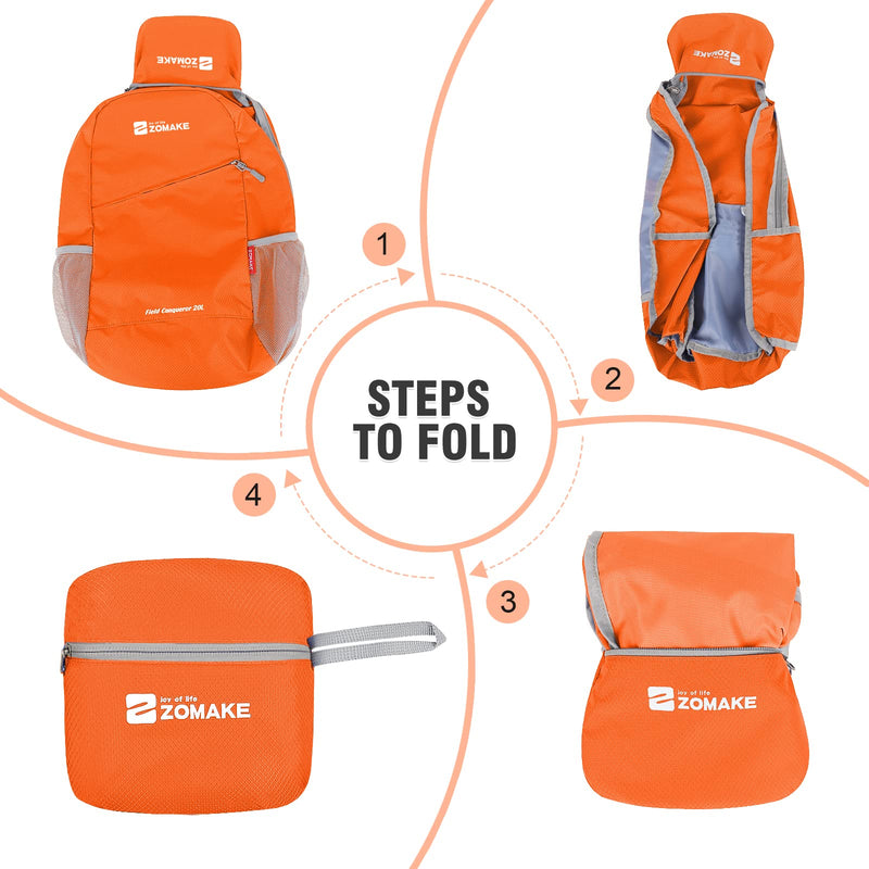 ZOMAKE Lightweight Packable Backpack 20L, Foldable Backpacks Small Daypack for Hiking Water Resistant Day Bag for Travel(Orange)