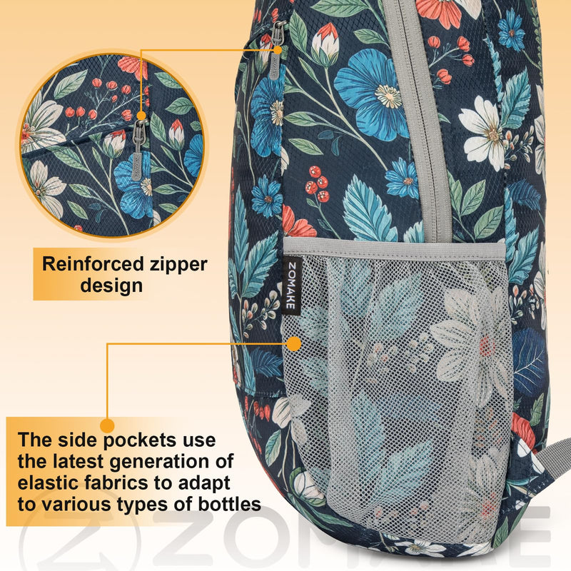 ZOMAKE Lightweight Packable Backpack,Foldable Backpacks Small Daypack for Hiking Water Resistant Day Bag for Travel(Navy blue,Floral pattern)