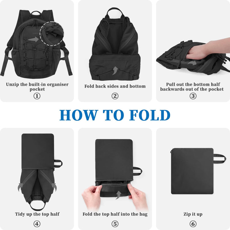 ZOMFELT Hiking Backpack for Women Men, 15L Lightweight Packable Backpack for Trip, Water Resistant Small Travel Backpacks, Foldable daypack for Hiking, Walking, Cycling, Camping, Black