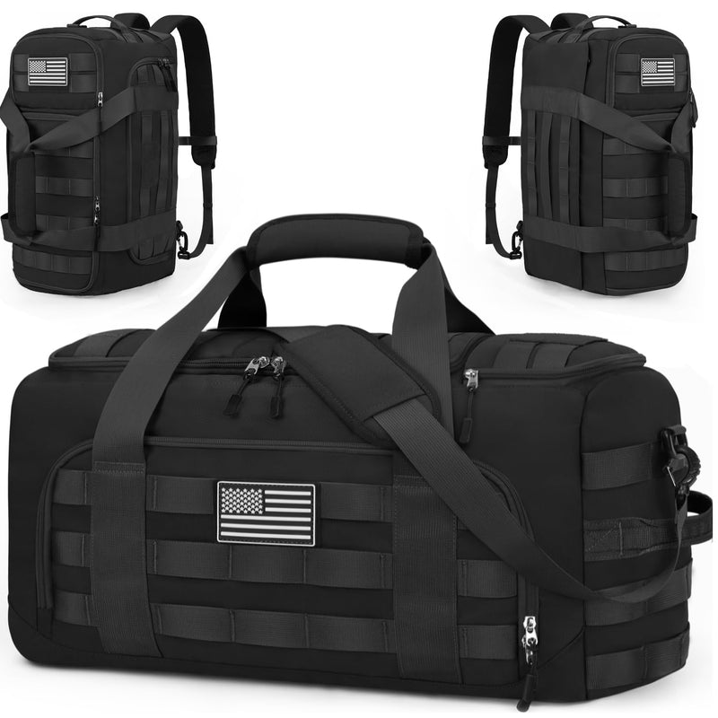 ZOMFELT Tactical Gym Bags for Men, Travel Duffle Bag with Removable Dividers & Innovative Shoe Compartment, 3 - in - 1 Waterproof MOLLE Gym Duffel Backpack, Airplane Carry - On Approved, Black