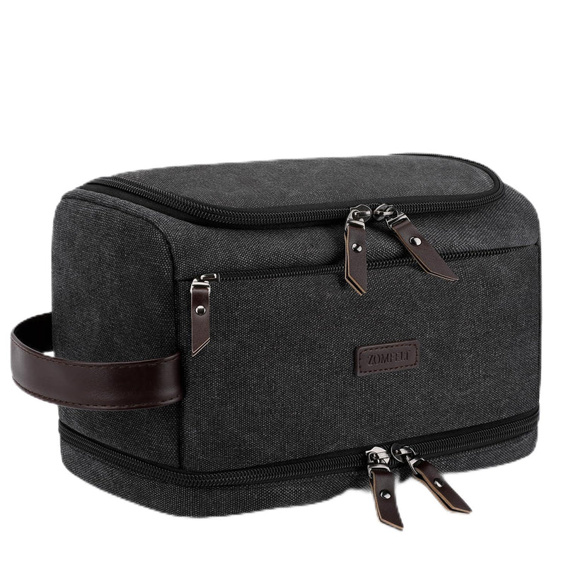 ZOMFELT Toiletry Bag for Men, Dual Layers Canvas Travel Toiletries Bag, Water - Resistant Travel Organizer with Elastic, Large Capacity Dopp Kit, Hanging Shaving Hygiene Bag, Black
