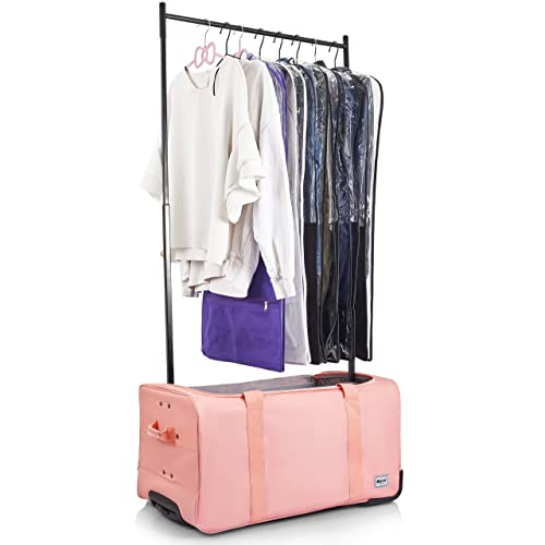 BRÜUN Large Size Duffel Bag with Protective Cover – A Pink Colored Dream Rolling Carrier with Garment Rack and Wheels for Travel – Designed for Men and Women to Hang Clothes on Long Journeys - backpacks4less.com