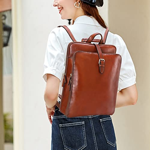 CLUCI Vegetable Tanned Full Grain Leather 15.6 Inch Laptop Backpack Purse  for Women Travel Bag College