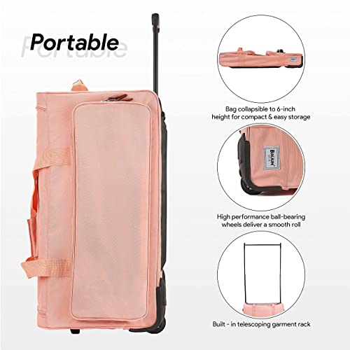 brahmin travel collection wheeled carry-on duffel bag BRÜUN Large Size Duffel Bag with Protective Cover – A Pink Colored Dream Rolling Carrier with Garment Rack and Wheels for Travel