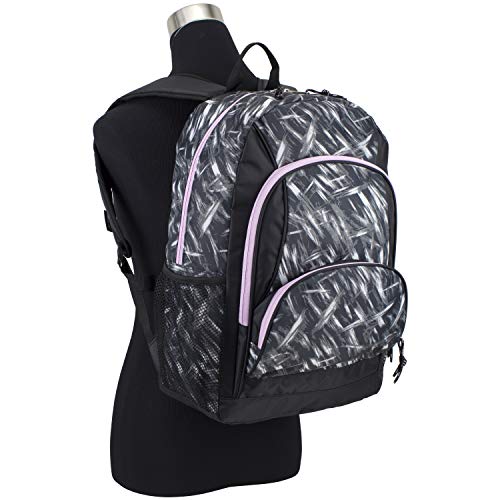 Eastsport Multi Pocket School Backpack, Black/Brush Stroke Print/Lilac Trim - backpacks4less.com