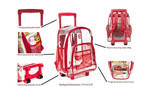 amazon travel rolling backpack Rolling Clear Backpack Heavy Duty Bookbag See-thru Workbag Travel Daypack Transparent School Luggage with Wheels Red