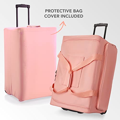 brahmin travel collection wheeled carry-on duffel bag BRÜUN Large Size Duffel Bag with Protective Cover – A Pink Colored Dream Rolling Carrier with Garment Rack and Wheels for Travel