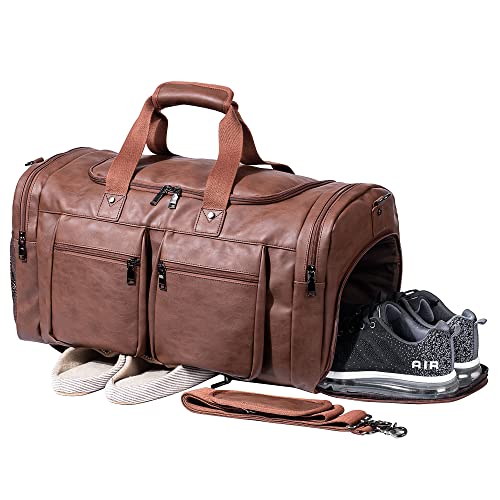 Leather Travel Bag with Shoe Pouch,Weekender Overnight Bag Waterproof Leather Large Carry On Bag Travel Tote Duffel Bag for Men or Women-Brown - backpacks4less.com
