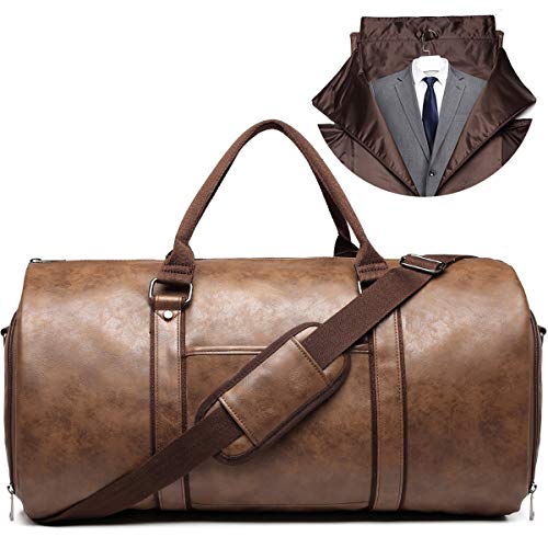Carry on Garment Bags for Travel Leather Garment Duffle Bag Convertible Mens Suit Travel Bags with Shoe Compartment,Waterproof,Perfect for Business Travel/Husband Gifts (Brown) - backpacks4less.com
