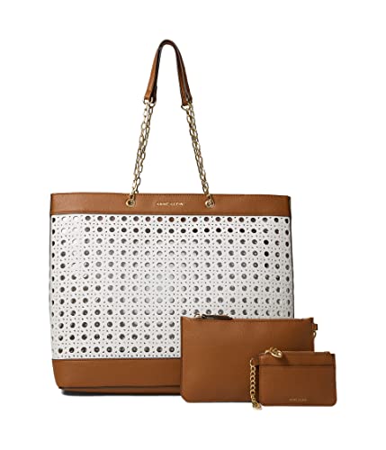 Anne Klein Large perf Tote with Card case, Gardenia/Saddle