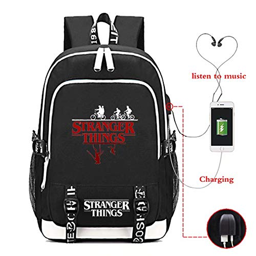 backpack with battery bank for charging laptop Aleven Stranger Things Backpack, Laptop Headphone Power Bank Backpack With USB Charging Porttravel Sport For Adult Men Women Boy Girl Black