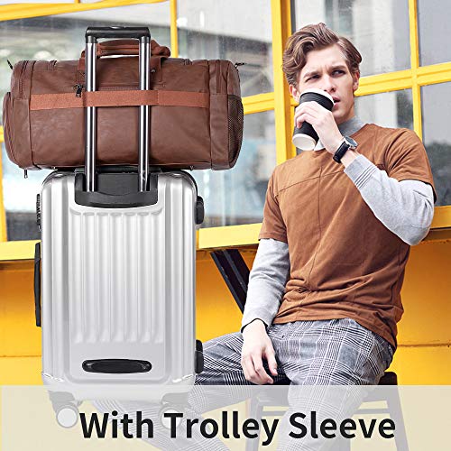 Leather Travel Bag with Shoe Pouch,Weekender Overnight Bag Waterproof Leather Large Carry On Bag Travel Tote Duffel Bag for Men or Women-Brown - backpacks4less.com