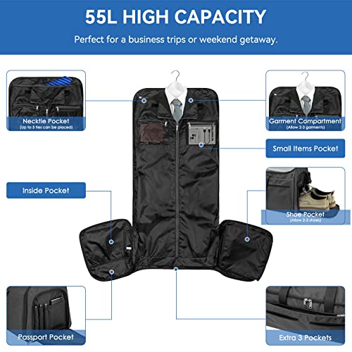 Convertible Garment Bags For Travel - Carry On Garment Duffle Bag With Backpack Straps For Men Women, 4 In 1 Large Travel Duffel Bags With Shoes
