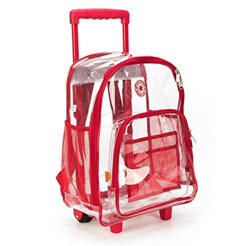 Rolling Clear Backpack Heavy Duty Bookbag See-thru Workbag Travel Daypack Transparent School Luggage with Wheels Red - backpacks4less.com