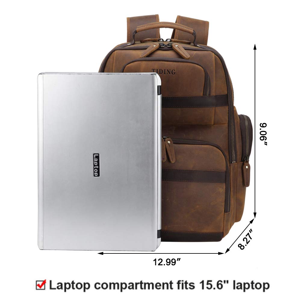 Tiding Men's Leather Backpack Vintage 15.6 Inch Laptop Bag Large Capacity Business Travel Hiking Shoulder Daypacks with USB Charging Port & YKK Zipper - backpacks4less.com