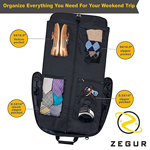ZEGUR Suit Carry On Garment Bag for Travel & Business Trips With Shoulder Strap and Rolling Luggage Attachment Point - Black - backpacks4less.com