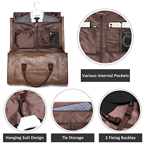 Carry on Garment Bags for Travel Leather Garment Duffle Bag Convertible Mens Suit Travel Bags with Shoe Compartment,Waterproof,Perfect for Business Travel/Husband Gifts (Brown) - backpacks4less.com