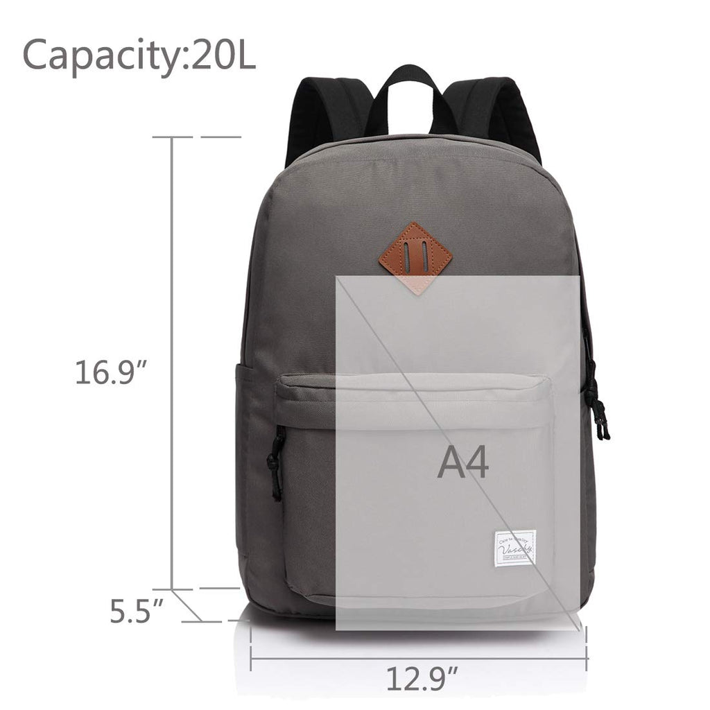 Lightweight Backpack for School, VASCHY Classic Basic Water Resistant Casual Daypack for Travel with Bottle Side Pockets (Gray) - backpacks4less.com