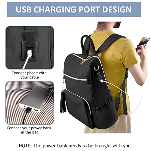battery bank laptop backpacks anti theft Ytonet Laptop Backpack For Women, 15.6 Inch Travel Backpack Purse For Women With USB Charging Port, Waterproof Anti Theft College Backpack Bookbag With Tassel For Ladies/Girls/Teacher/Nurse, Black