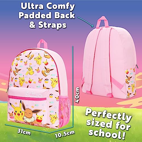 Pokemon Backpack Kids School Bag Boys Girls Teens Pikachu Eevee Pokeball (Pink)
