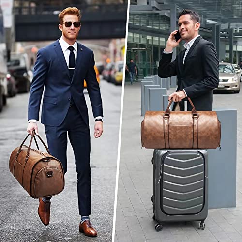 Carry on Garment Bags for Travel Leather Garment Duffle Bag Convertible Mens Suit Travel Bags with Shoe Compartment,Waterproof,Perfect for Business Travel/Husband Gifts (Brown) - backpacks4less.com