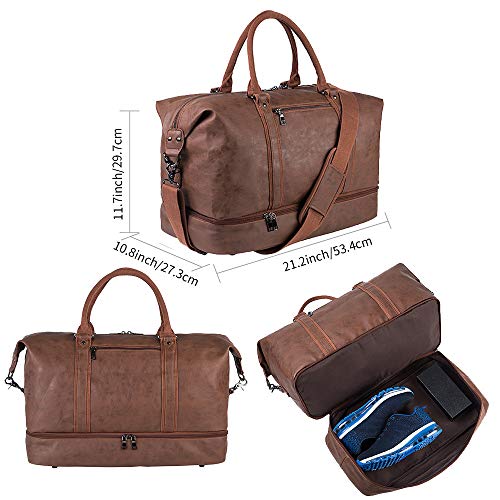 Leather Travel Bag with Shoe Pouch,Weekender Overnight Bag Waterproof Leather Large Carry On Bag Travel Tote Duffel Bag for Men or Women - backpacks4less.com