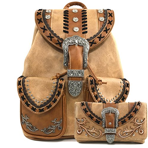 Justin West Trendy Western Rhinestone Leather Conceal Carry Top Handle Backpack Purse (Western Khaki Backpack Wallet Set) - backpacks4less.com