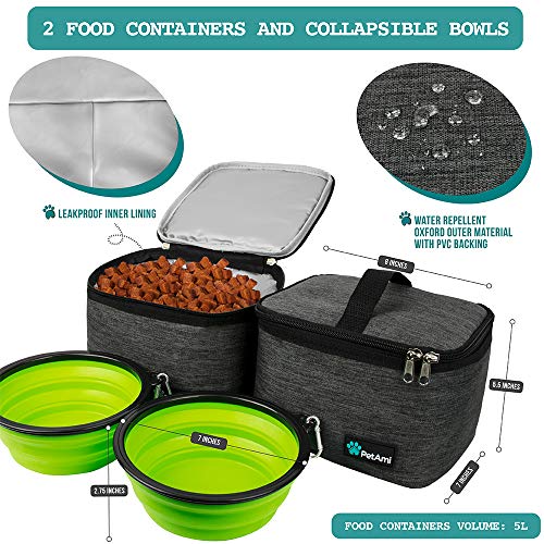 DOG TRAVEL BAG with Food Container Collapsible Bowl Set Airline