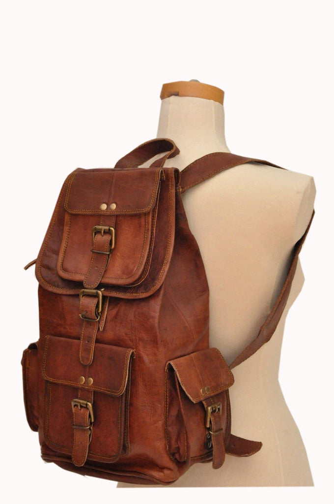 HLC 20" Genuine Leather Retro Rucksack Backpack Brown Leather Bag Travel Backpack for Men Women - backpacks4less.com
