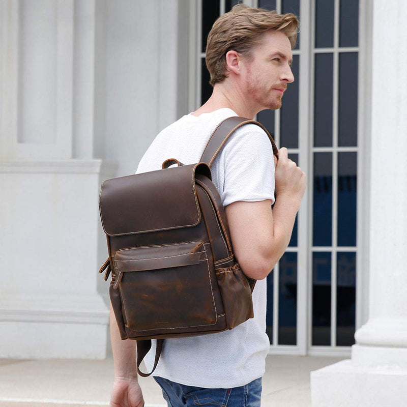 Tiding Genuine Leather Backpack 14 Inch Laptop Backpack Vintage Travel College School Bag Daypack for Men - backpacks4less.com
