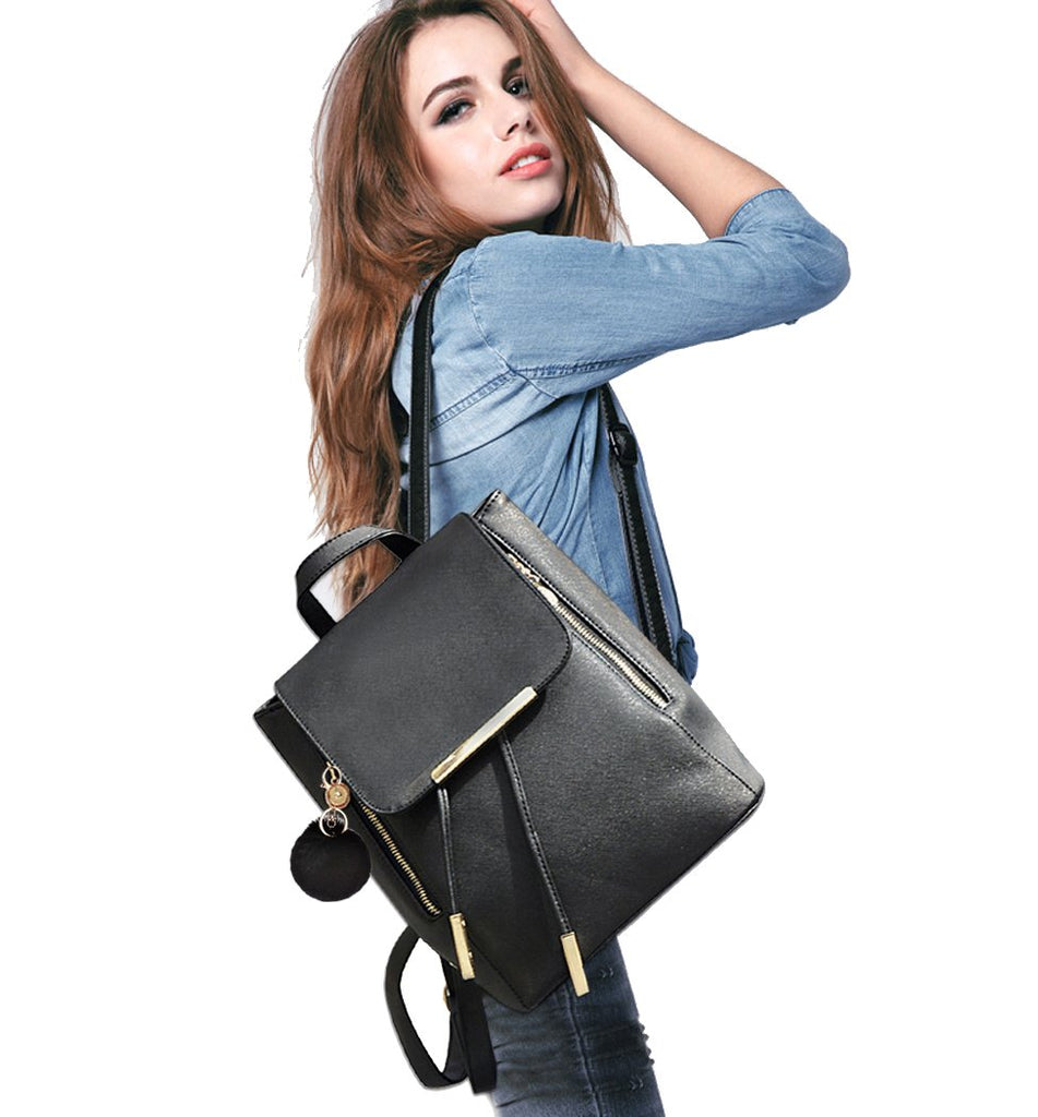 COOFIT Black Faux Leather Backpack for Women Schoolbag Casual
