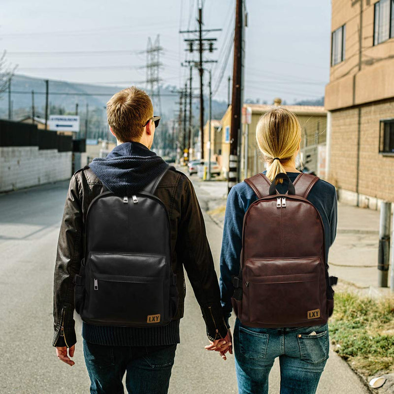 Vegan Backpack Leather Bookbag for Women Men, LXY Vintage Laptop Backpack Black Faux Leather Backpack Campus School College Bookbag Travel Daypack - backpacks4less.com