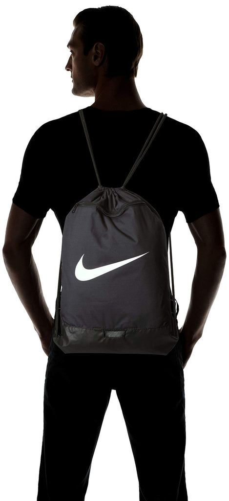 Nike Brasilia Training Gymsack, Drawstring Backpack with Zipper Pocket and Reinforced Bottom, Black/Black/White - backpacks4less.com