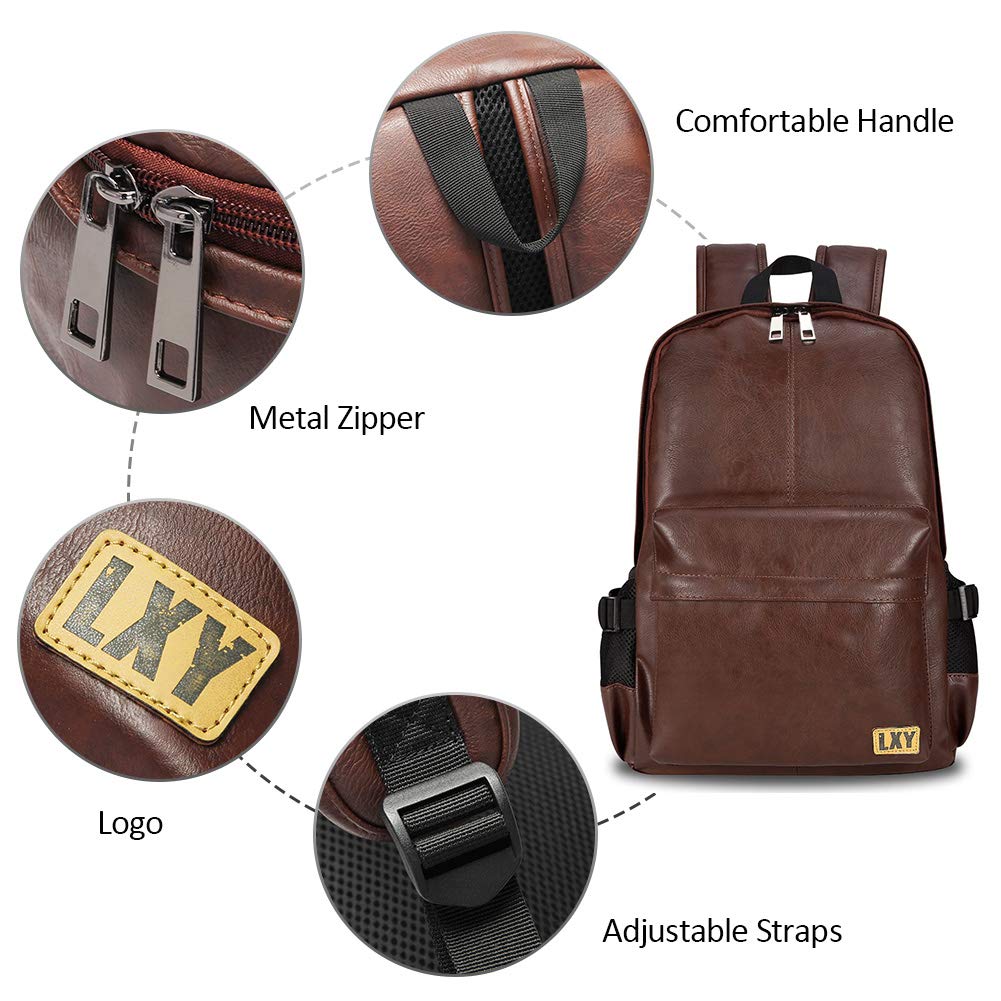campus leather backpack Vintage Backpack Leather Laptop Bookbag for Women Men, LXY Vegan Backpack Brown Faux Leather Bookbag School College Campus Backpack Travel Daypack