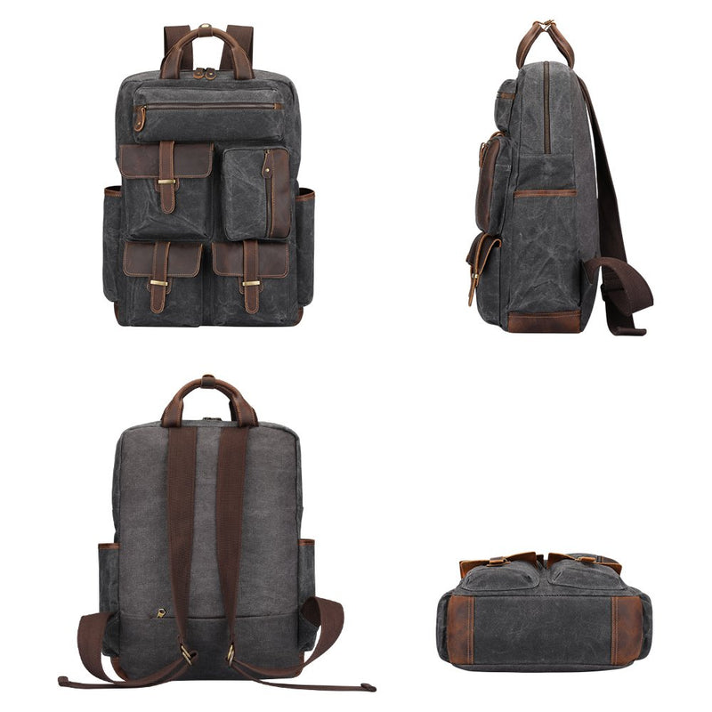 S-ZONE Vintage Crazy Horse Genuine Leather Backpack Multi Pockets Travel Bag - backpacks4less.com