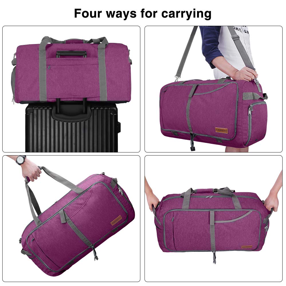 canway 85l travel duffel bag Canway 65L Travel Duffel Bag, Foldable Weekender Bag with Shoes Compartment for Men Women Water-proof & Tear Resistant (Lavender Purple, 65L)