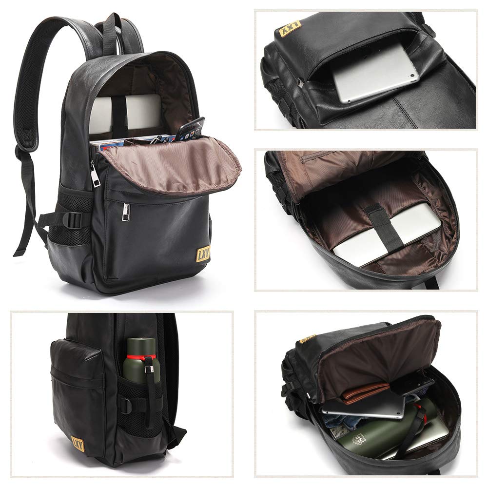 black vegan leather multi-compartment backpack Vegan Backpack Leather Bookbag for Women Men, LXY Vintage Laptop Backpack Black Faux Leather Backpack Campus School College Bookbag Travel Daypack