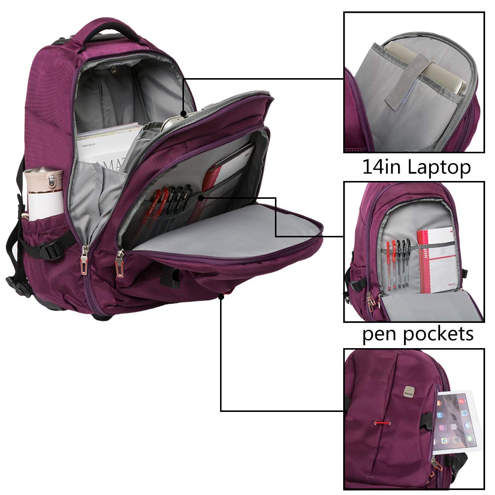 SKYMOVE 19 inches Waterproof Wheeled Rolling Backpack for Adults and School Students Laptop Books Travel Backpack Bag, Purple - backpacks4less.com