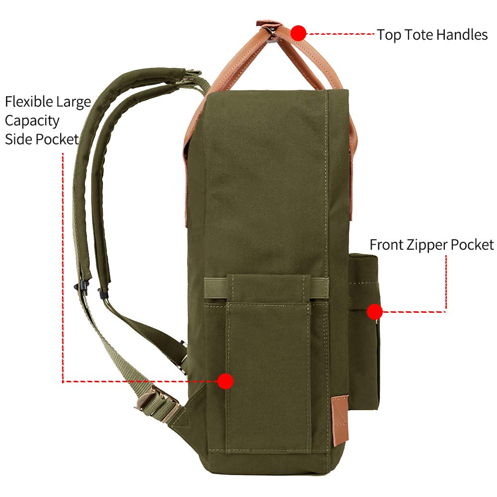 KALIDI Classic Backpack for Women,15 Inches Laptop Vintage Canvas Leather Backpack Camping Rucksack Travel Outdoor Daypack College School Bag (Army Green-Leather) - backpacks4less.com