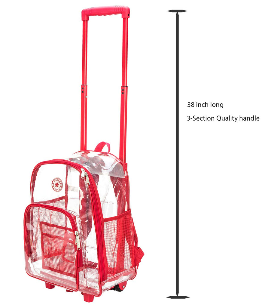 Rolling Clear Backpack Heavy Duty Bookbag Quality See Through Workbag Travel Daypack Transparent School Book Bags with Wheels Red - backpacks4less.com