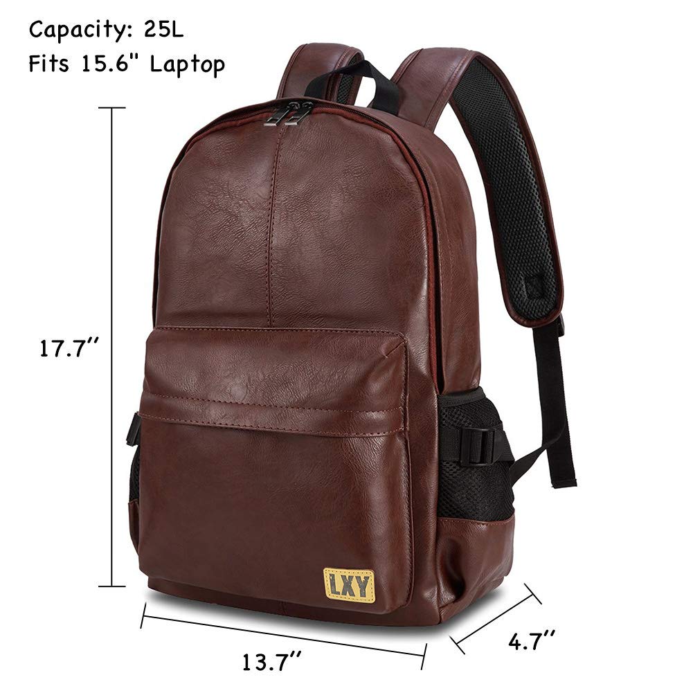 campus leather backpack Vintage Backpack Leather Laptop Bookbag for Women Men, LXY Vegan Backpack Brown Faux Leather Bookbag School College Campus Backpack Travel Daypack