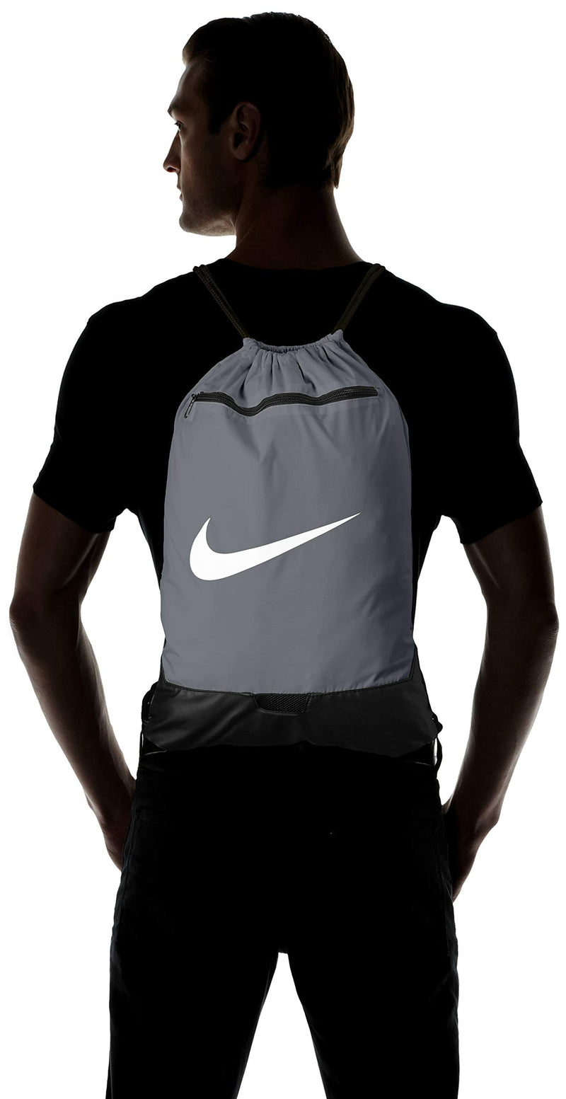 Nike Brasilia Training Gymsack, Drawstring Backpack with Zipper Pocket and Reinforced Bottom, Flint Grey/Flint Grey/White - backpacks4less.com