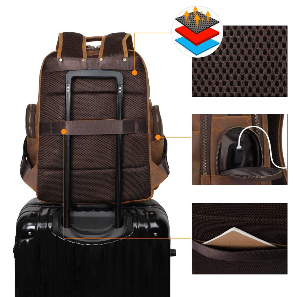 bronze times laptop backpack usb charge port Tiding Men's Leather Backpack Vintage 15.6 Inch Laptop Bag Large Capacity Business Travel Hiking Shoulder Daypacks with USB Charging Port & YKK Zipper