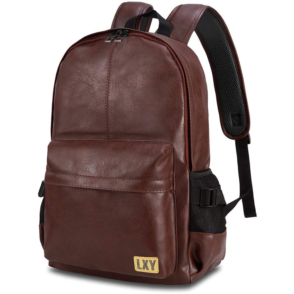 Vintage Backpack Leather Laptop Bookbag for Women Men, LXY Vegan Backpack Brown Faux Leather Bookbag School College Campus Backpack Travel Daypack - backpacks4less.com