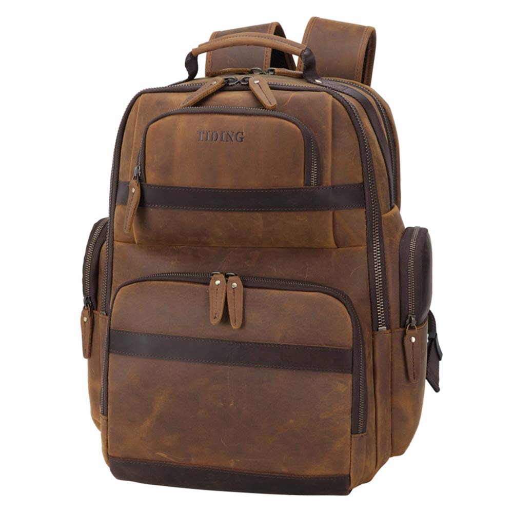 Men's Genuine Leather Large Backpack – 15" Laptop Hiking Bag & Messenger Combo Heavy Duty Brown