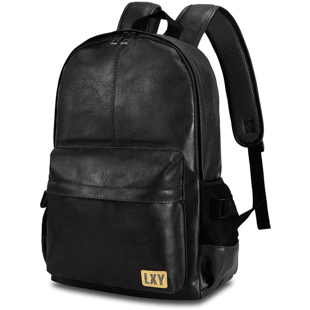 Black Faux Leather Backpack for Women Minimal Daypack Laptop 