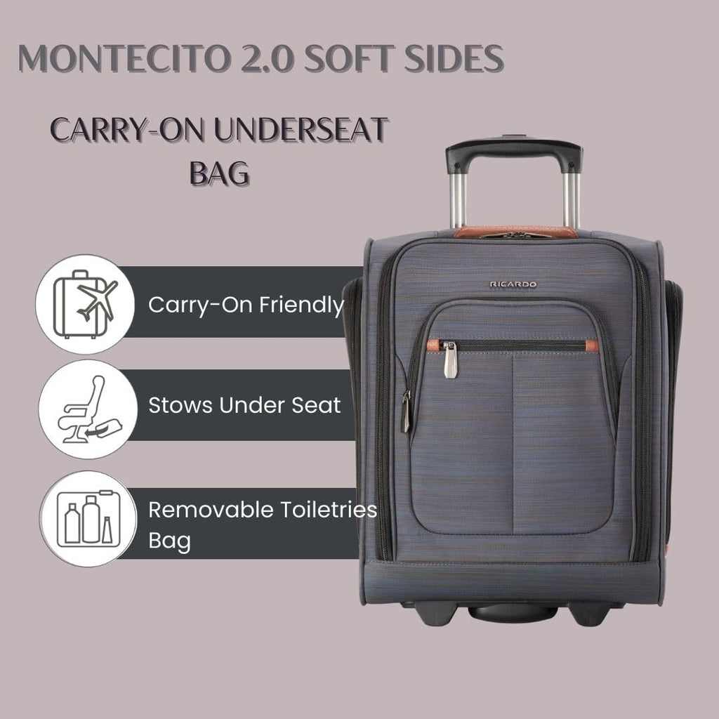 high sierra wheeled underseat suitcase carry-on travel tote bag gray Ricardo Beverly Hills Montecito 2.0 Softside Underseat Carry-On Luggage with Wheels, Airplane Travel Essentials, Lightweight, Men and Women, Grey, 16-inch