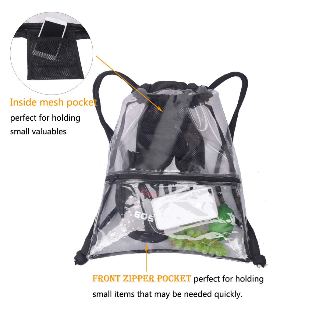 Heavy-duty Large Clear Drawstring Bag Waterproof PVC Drawstring Backpack With Front And Inner Pockets - backpacks4less.com