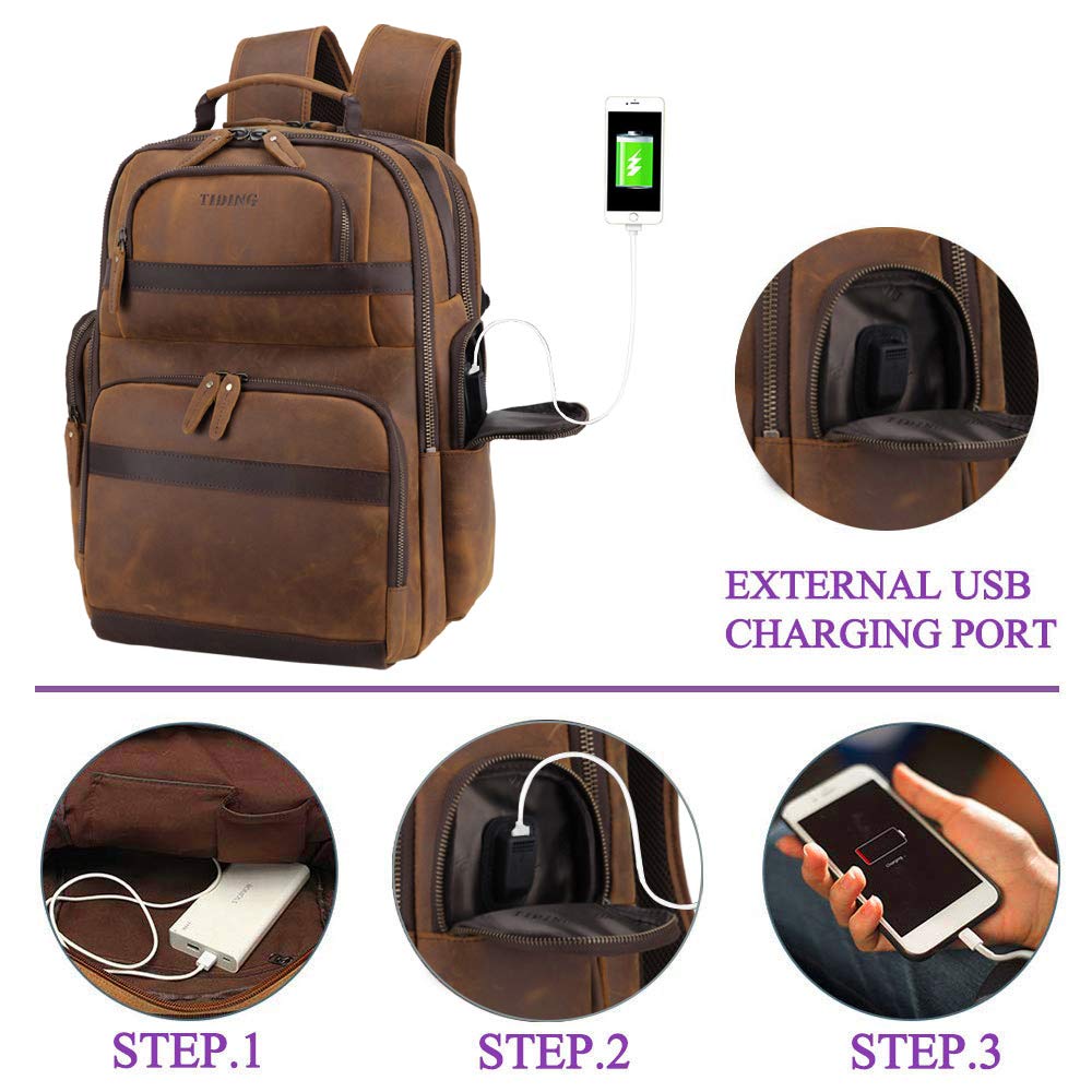 Tiding Men's Leather Backpack Vintage 15.6 Inch Laptop Bag Large Capacity Business Travel Hiking Shoulder Daypacks with USB Charging Port & YKK Zipper Tiding Men's Leather Backpack Vintage 15.6 Inch Laptop Bag Large Capacity Business Travel Hiking Shoulder Daypacks with USB Charging Port & YKK Zipper
