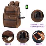 Tiding Men's Leather Backpack Vintage 15.6 Inch Laptop Bag Large Capacity Business Travel Hiking Shoulder Daypacks with USB Charging Port & YKK Zipper - backpacks4less.com